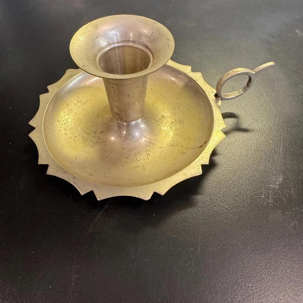 Chamberstick Candle Holder 5in Silver Scalloped Finger Loop Vintage SCF 74